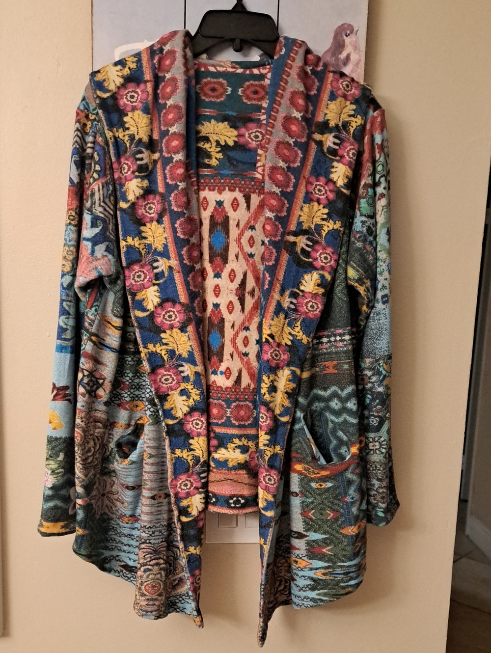 Johnny Was Aztec Boho Open Front Hooded Soft Knit Reversable Cardigan Duster XL - Picture 6 of 11